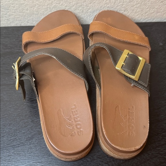 Sorel Roaring Slide Slip on Leather Sandals Black and Brown Size 7.5 - Picture 5 of 8